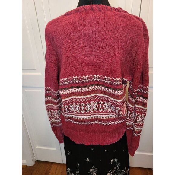 Tiara Vintage 90's Burgundy/White Fair Isle Zip Up Sweater M Apres' Ski Cozy - Picture 2 of 8